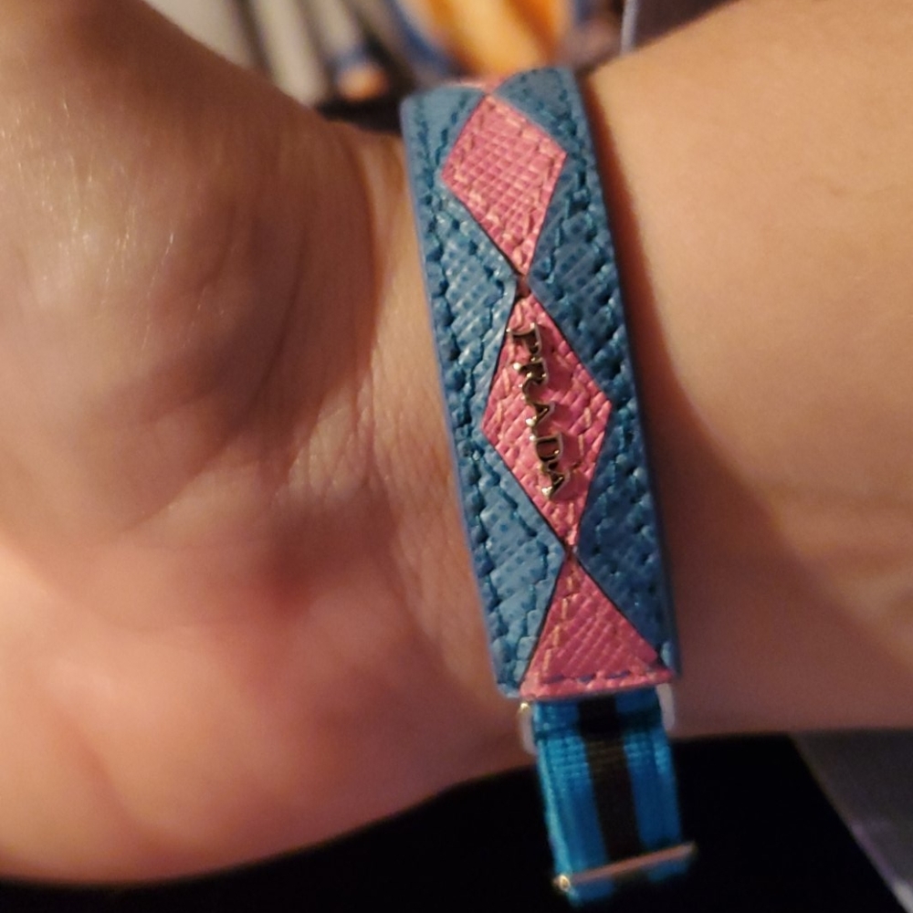 Auth Prada Pink/Blue Diamonds Leather Bracelet